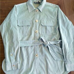 Pre-owned DKNY Moss Green Corduroy Shacket With Tie And Gold Buttons Size 12